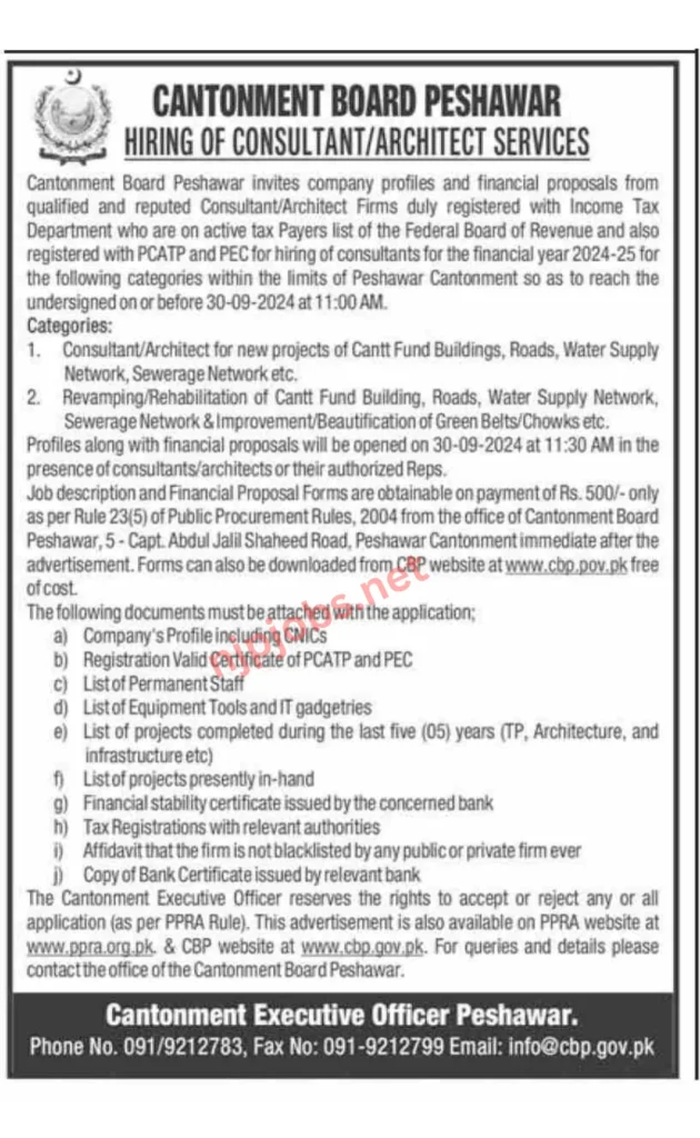 Advertisement Job Vacancy for Cantonment Board Peshawar