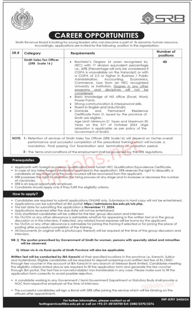 Advertisement Banner of Sindh Revenue Board (SRB) Jobs