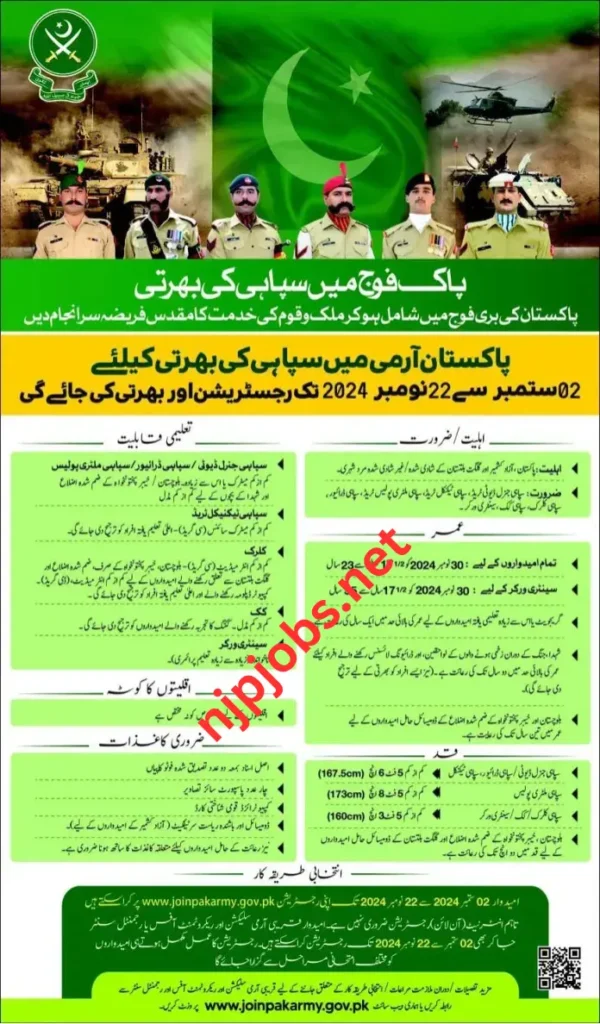 Join Pakistan Army as Sepoy (Sipahi) 2024, registration open from Sep 2 to Nov 22, eligibility, requirements, and application details